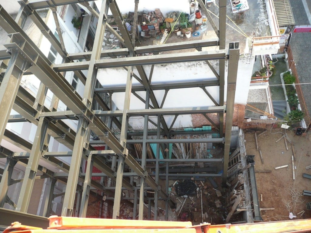 Steel frame of a multi-story office building in Nea Erythraia, seen from above