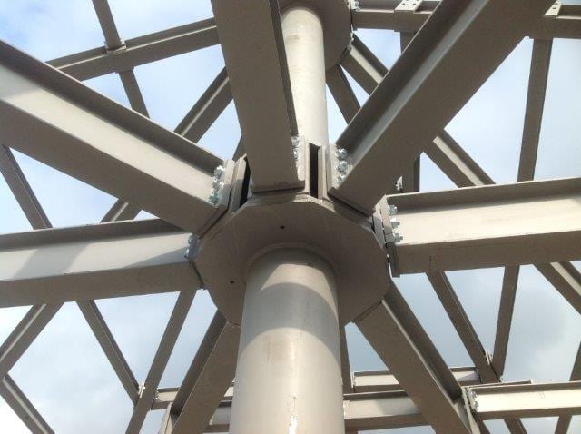 Multi-sided bolted connection on a circular column of the frame in Dafni, Korfovouni