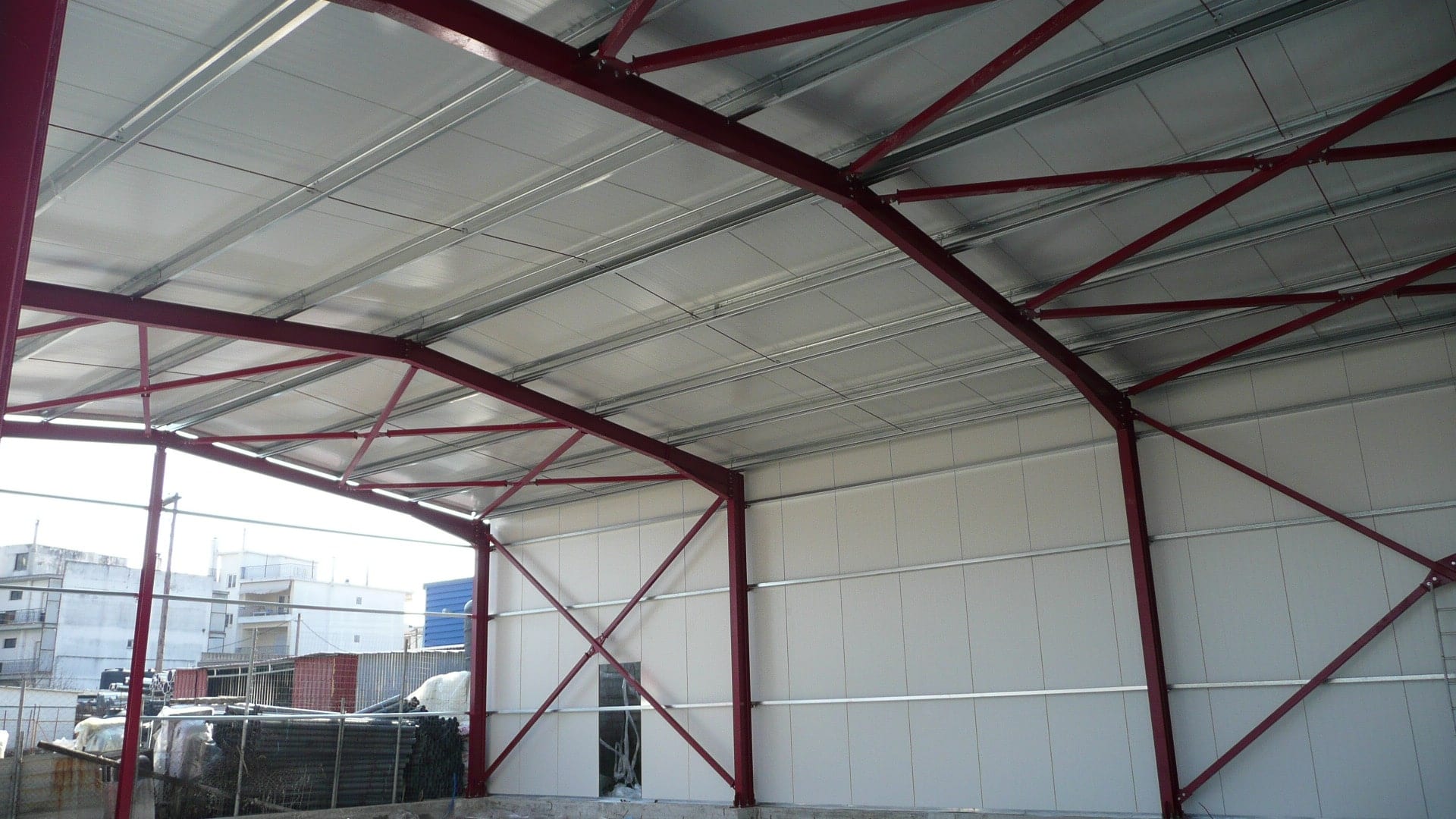 Interior with steel frame and insulated panels in the olive oil warehouse in Ioannina