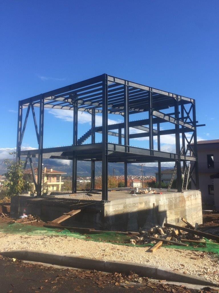 Steel frame of the house in Neochoropoulo, Ioannina, on top of the basement