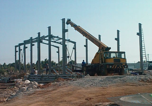 Erecting columns with a crane at the marble workshop in Kalamata