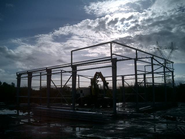 Erection of the steel frame of the Modeco showroom in Asprochoma, Messinia, in progress