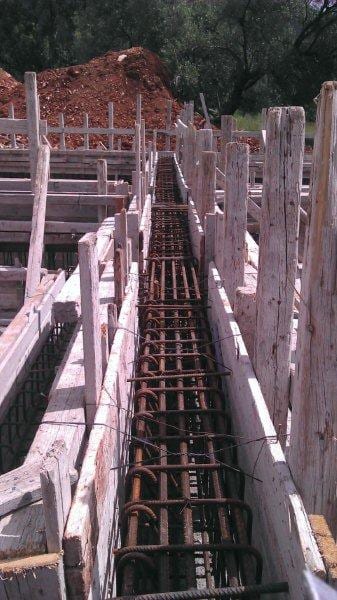 Strip footing rebar and formwork for anchoring the building in Razata, Kefalonia