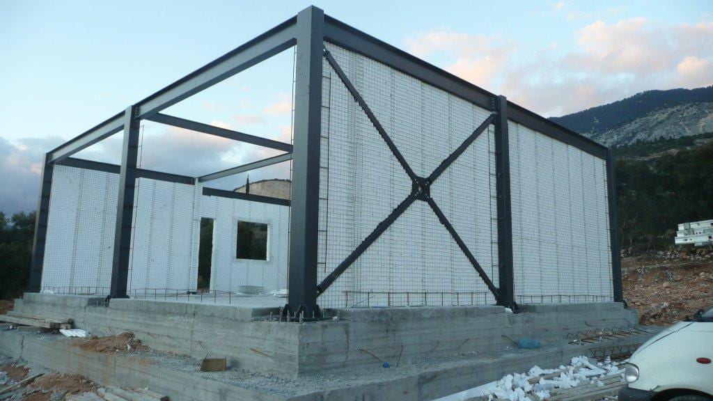 Steel frame with cross bracing and 3D panel walls at Lithos Villas
