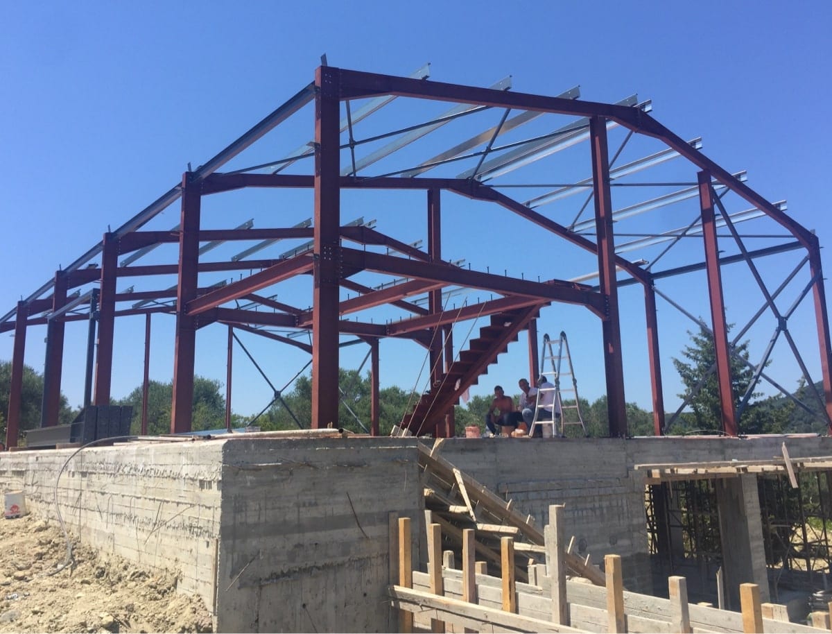 Completed steel frame of the warehouse building in Arillas, Corfu