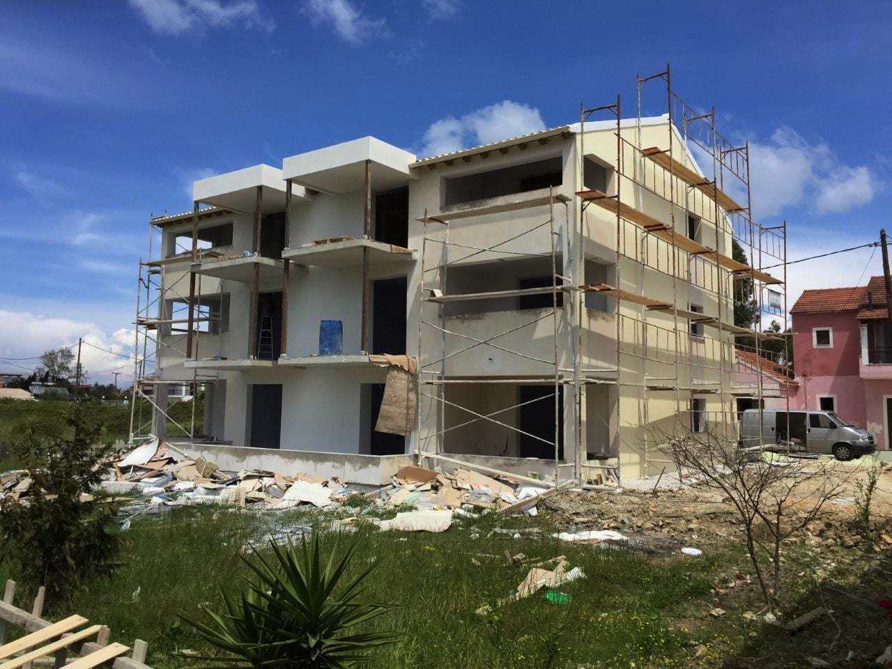 Plastering in progress on the facades of the Christakis hotel in Sidari, Corfu