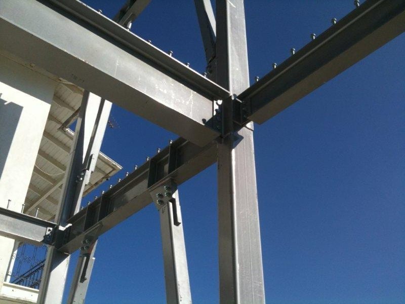 Detail of a bolted column and beam connection in Vlychos, Lefkada