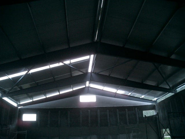 Interior with steel rafters and roof cladding at the venue in Plataria, Thesprotia
