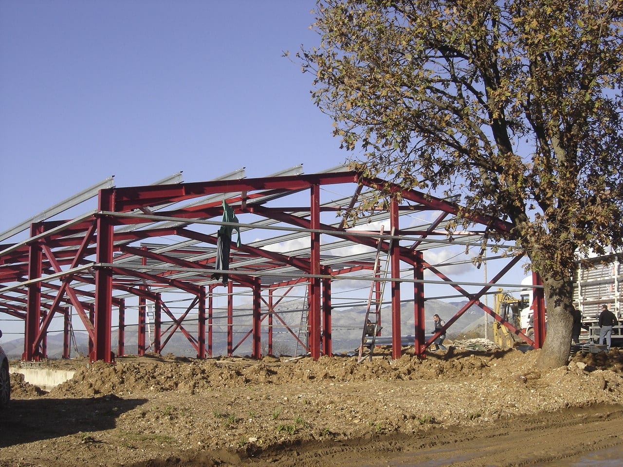 Steel frame nearing completion at the cattle barn in Selefkeia, Thesprotia