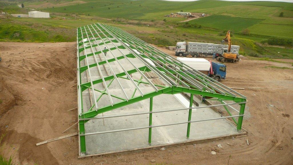 Completed steel frame of the rabbit farm in Thiva, seen from above