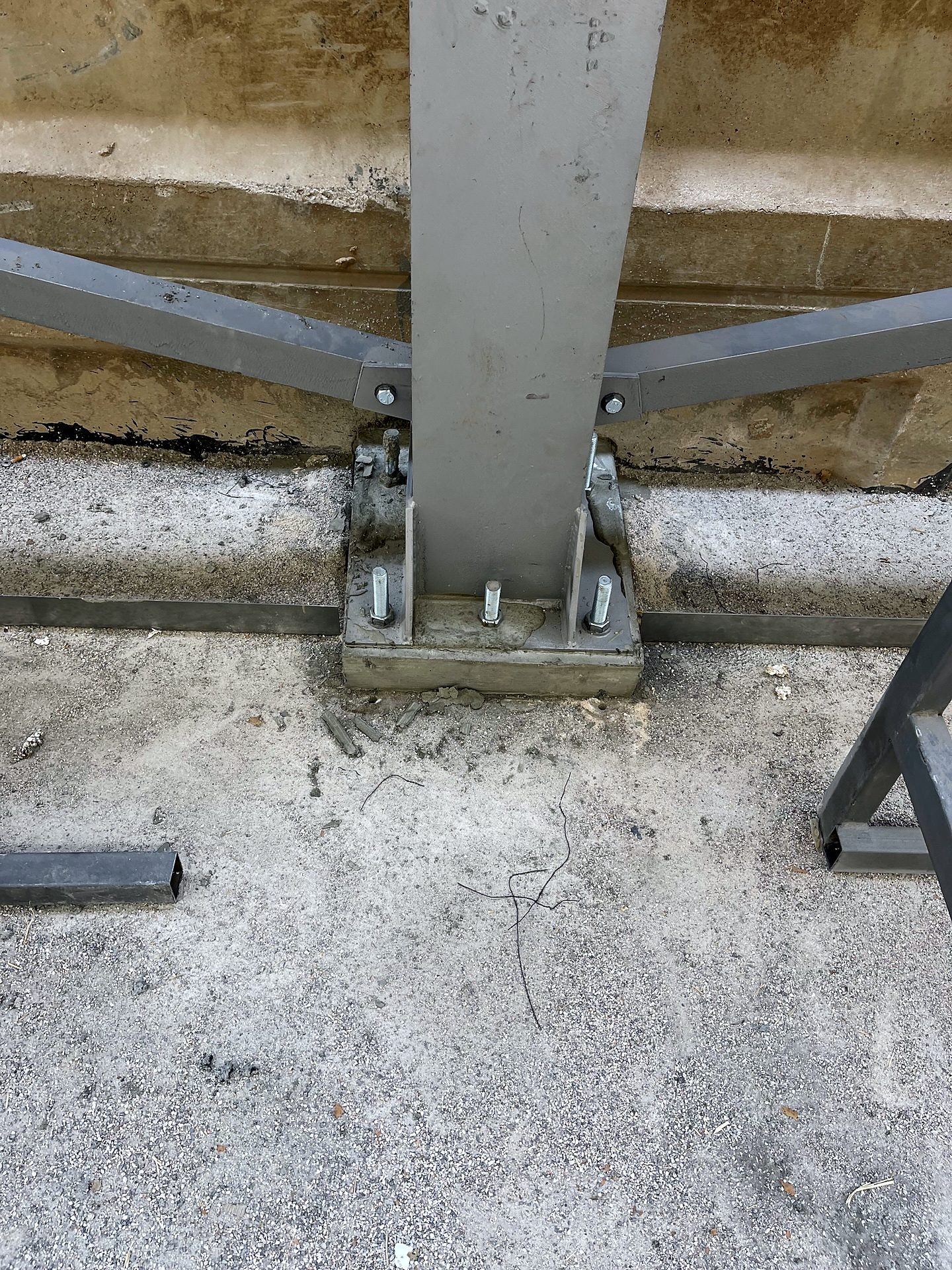 Steel column base with anchor bolts, stiffeners and grout, canopy in Aspropyrgos