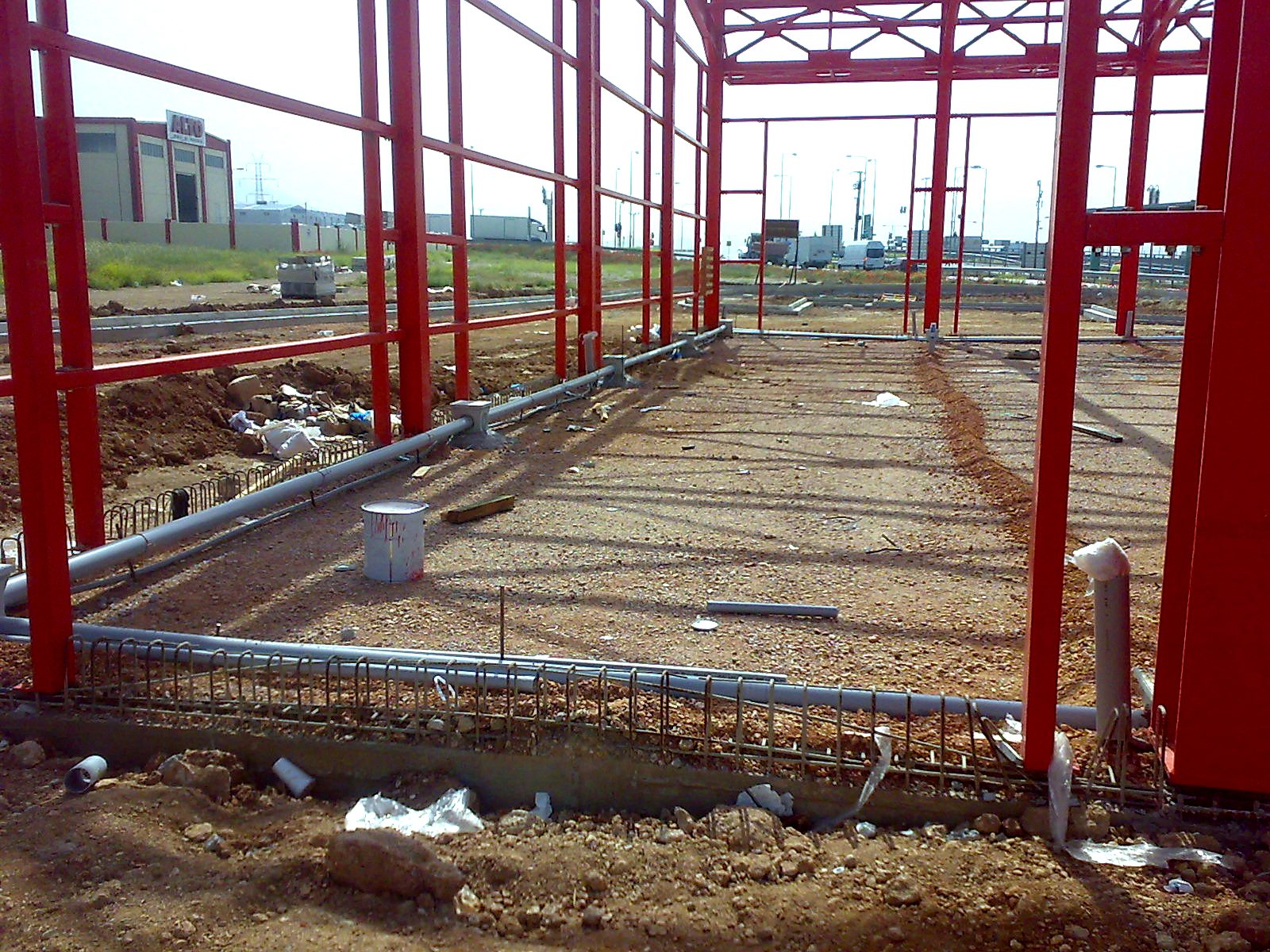Steel columns and frames of the vehicle inspection center building in Aspropyrgos during erection of the frame