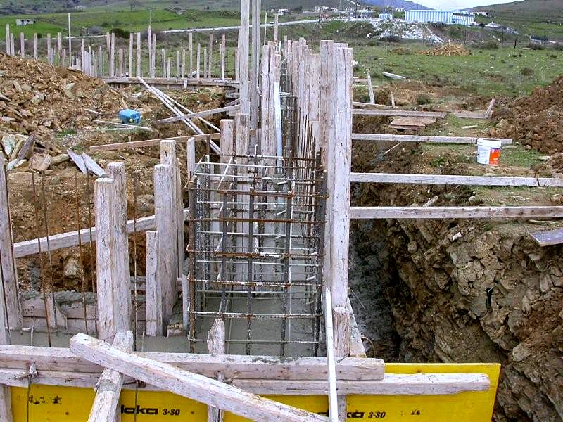 Pedestal rebar for a steel column inside the formwork, building foundation in Karystos, Evia